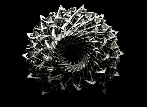 3d render of abstract art with mechanical turbine flower in black and white glass material on black background