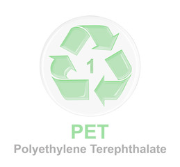 plastic recycle symbol with green glossy glass on transparent round glass. plastic recycle number 1 for PET or PETE