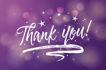 Thank you card with glowing fireworks stars on blurred purple ultra violet bokeh background. Poster, greeting banner or invitation. Vector illustration