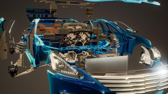 disassembled car with visible parts and engine