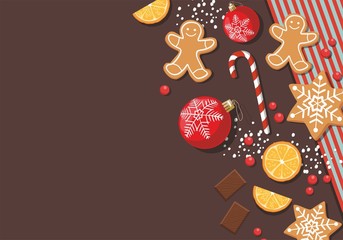 New year and Christmas background with cookies, sweet food and christmas balls. Top view.