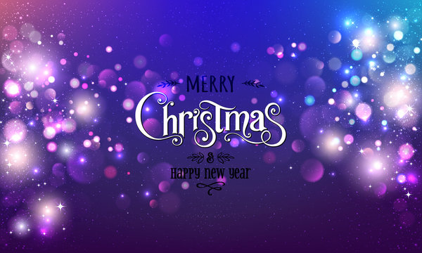 Merry Christmas Text on dark glitter background with Xmas decorations glowing garlands, light, stars, bokeh. Merry Christmas card. Vector Illustration, realistic vector