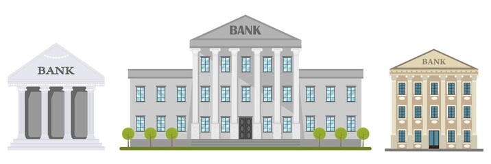 Cartoon retro bank building or courthouse with columns vector illustration. Bank building isolated on white background.