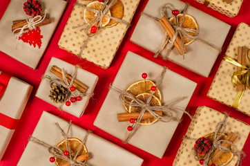 Christmas gift box on red background, view from above. Empty gift box for Christmas or New Year holiday present