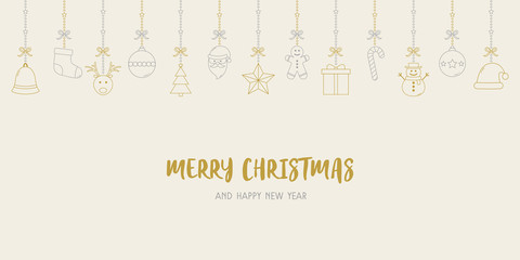 Concept of Christmas background with hanging icons and wishes. Festive ornament. Vector