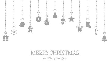 Fototapeta na wymiar Christmas greeting card with hanging icons and wishes. Xmas concept. Vector