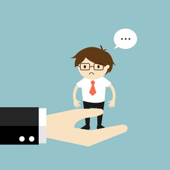 Business concept, Businessman feeling awkward while standing on the big hand. Vector illustration.