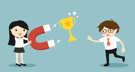 Business concept, Business woman attracting gold trophy cup from a businessman. Vector illustration.