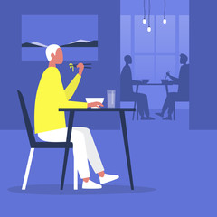 Young male character eating noodles with chopsticks inside a modern oriental restaurant, millennial lifestyle, eating out