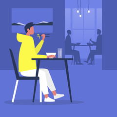 Young male character eating noodles with chopsticks inside a modern oriental restaurant, millennial lifestyle, eating out