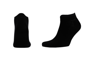 Blank black cotton sport short socks on invisible foot isolated on white background as mock up for advertising, branding, design, back and side view, template.