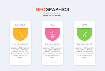 Concept of arrow business model with 3 successive steps. Three colorful graphic elements. Timeline design for brochure, presentation. Infographic design layout.
