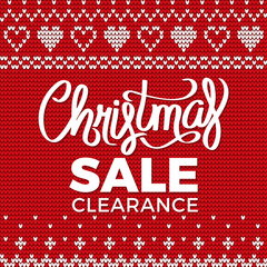 Business promotion postcard Christmas clearance sale. Poster decorated by embroidery of snowflake and heart figures. Handicraft ornament on red textile or wallpaper, advertising object vector
