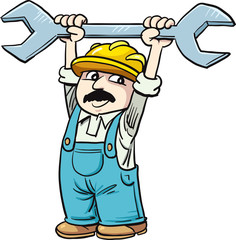 Repairman holding big wrench in hand.