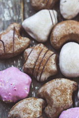 Variety of gingerbread cookies on the table. Food background