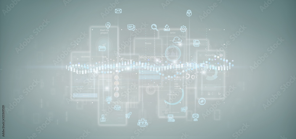 Poster user interface screens with icon, stats and data 3d rendering