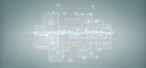 User interface screens with icon, stats and data 3d rendering