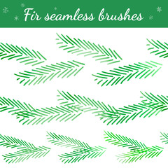 Collection of seamless christmas brushes from fir and pine branches. Vector set. For printed materials, prints, posters, cards, logo. Holiday background. Hand drawn decorative elements. 