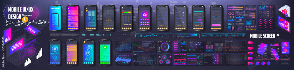Poster different ui, ux, gui mobile screens modern infographic. diagram template and chart graph. flat web 