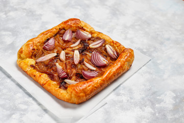 French style onion pie galette with puff pastry  and various onions shallot,red,white,yellow onions,top view