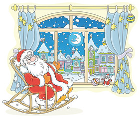 Santa Claus sitting in his creaking rocking chair and looking through a big window at a colorful winter town on a beautiful snowy night, vector cartoon illustration