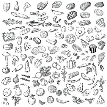 Hand-drawn big set of food. Isolated sketches on a white background. Vector cartoon foods. Elements of menu.
