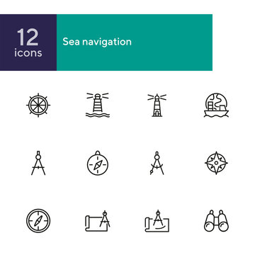 Sea navigation line icon set. Set of line icons on white background. Lighthouse, steering wheel, ship. Travel concept. Vector illustration can be used for topics like sea trip, tourism, cruise