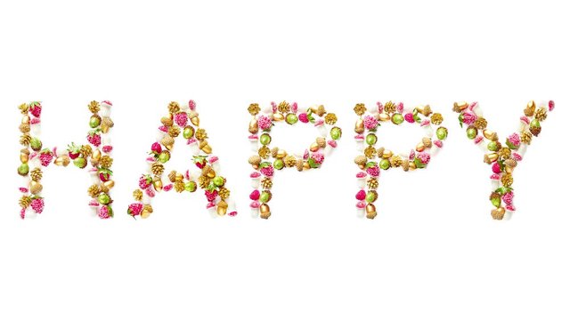 word HAPPY composed of Christmas decor in the form of berries, cones, acorns and mushrooms. GIF animation, disappearing and appearing text