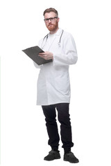 medical doctor with a clipboard. isolated on white