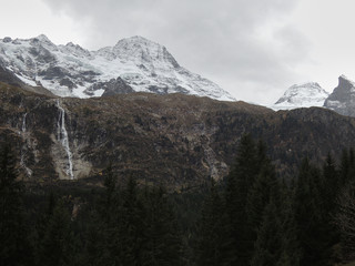 The Schmadribach waterfall seen from the Berggasthaus Tschingelhorn in the Lauterbrunnen valley. Bernese Oberland Switzerland