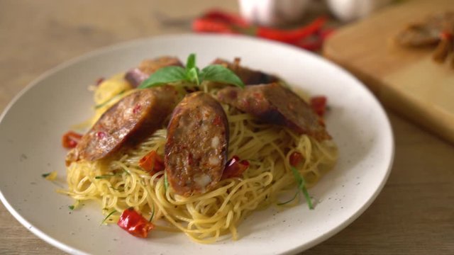 Stir-Fried Spaghetti with Sai Aua (Notrhern Thai Spicy Sausage)
