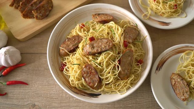 Stir-Fried Spaghetti with Sai Aua (Notrhern Thai Spicy Sausage)