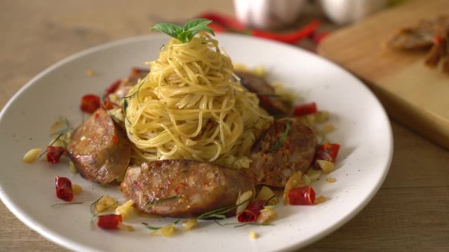Stir-Fried Spaghetti with Sai Aua (Notrhern Thai Spicy Sausage)