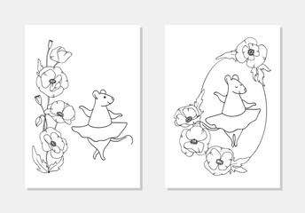 vector mouse animal dancing in poppy flowers coloring book children illustration 
