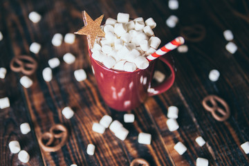 Close-up on hot chocolate mug covered with marshmallow