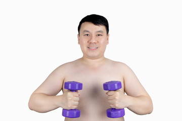 Portrait of young Asian overweight man smiling and exercising with dumbbells isolated on white background. Healthy lifestyle, body shape and sport concept.