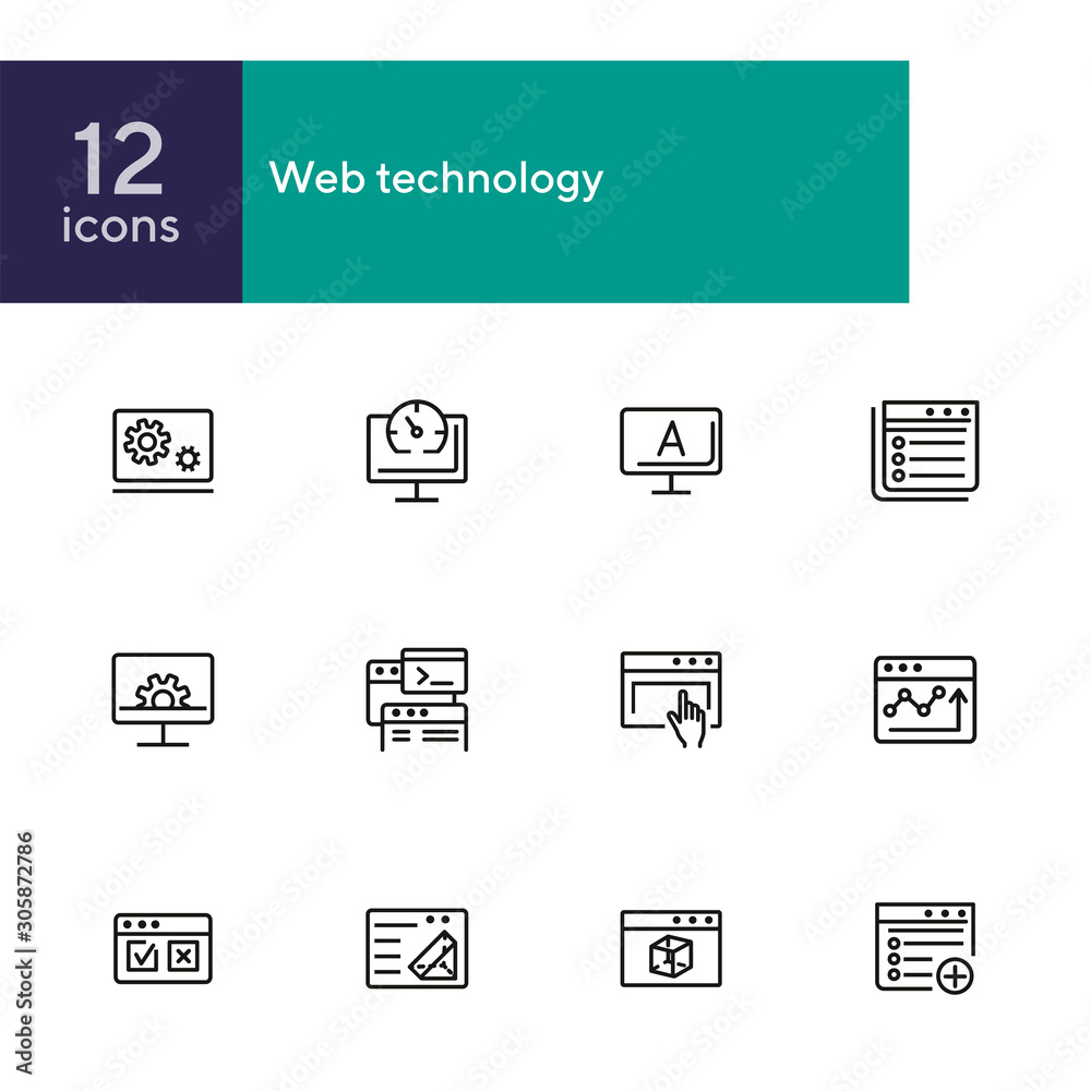 Poster web technology line icon set. information, browser, connection. programming concept. can be used for
