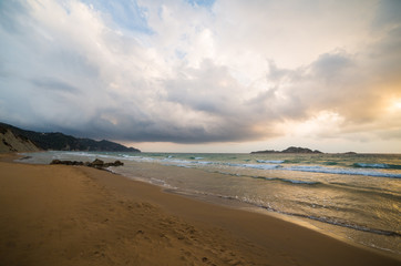 golden sunset on the Greece beach