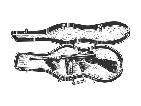 Thompson submachine gun in violin case sketch engraving vector illustration. T-shirt apparel print design. Scratch board style imitation. Black and white hand drawn image.