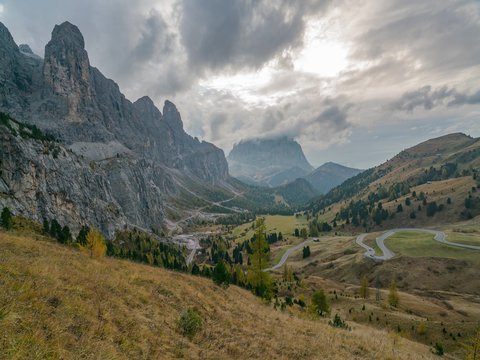 4K Timelapse view of the peaks of the mountains of the Dolomites during sunset from the Paso Gardena. Italy in the fall.