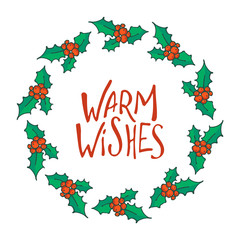 Christmas wreath. Doodle Holly branch with red berries. Winter holiday symbol, traditional New Year decoration. Design for poster, banner or invitation cards. Vector illustration