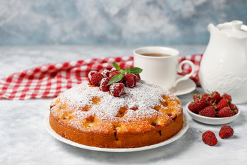Simple cake with powdered sugar and fresh raspberries on a light background. Summer berry dessert.