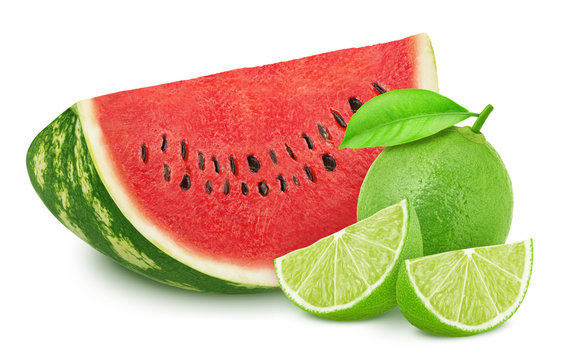 Composition with cutted fruits: watermelon and lime isolated on a white background with clipping path.