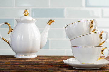 Fototapeta na wymiar Close up photo of porcelain dishware for tea