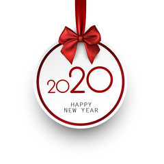 White 2020 New Year card in shape of Christmas ball with red satin bow. Greeting card or decoration.