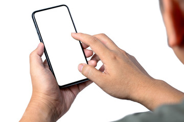 Man hand holding the smartphone full screen with blank screen . isolated on white background.