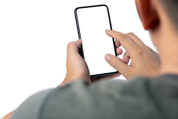 Man hand holding the smartphone full screen with blank screen . isolated on white background.