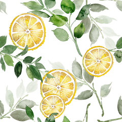Seamless watercolor pattern with lemons on a light blue background