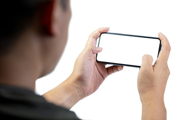 Man hand holding the smartphone full screen with blank screen. isolated on white background. playing game.