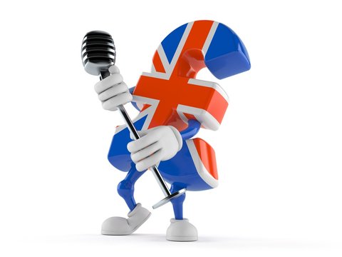 Pound currency character singing into microphone